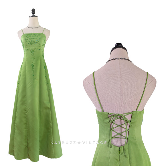 Vintage Morgan Co Prom Dress Maxi Gown 10 Green Y2K 90s Floral Bead Fairy Glam - Picture 1 of 11